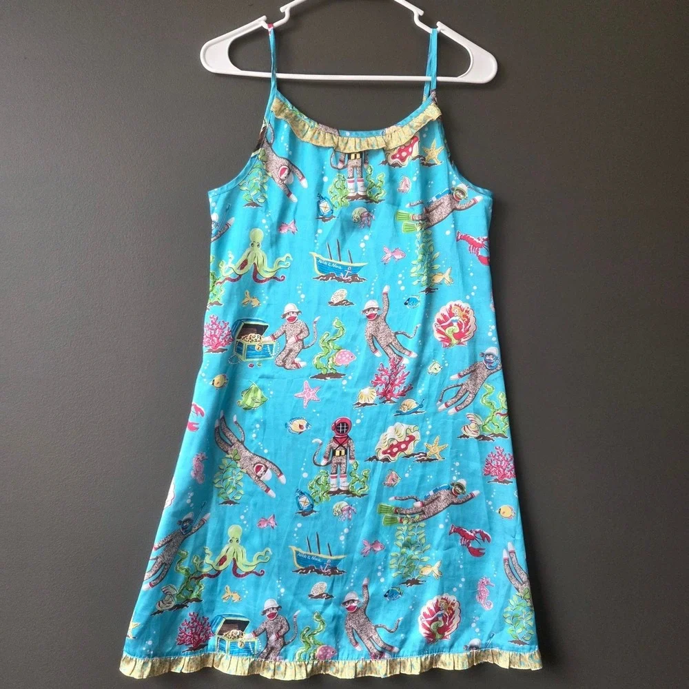 Nick & Nora Girls XL 16 Scuba Sock Monkey Under the Sea Nightgown Turquoise Blue